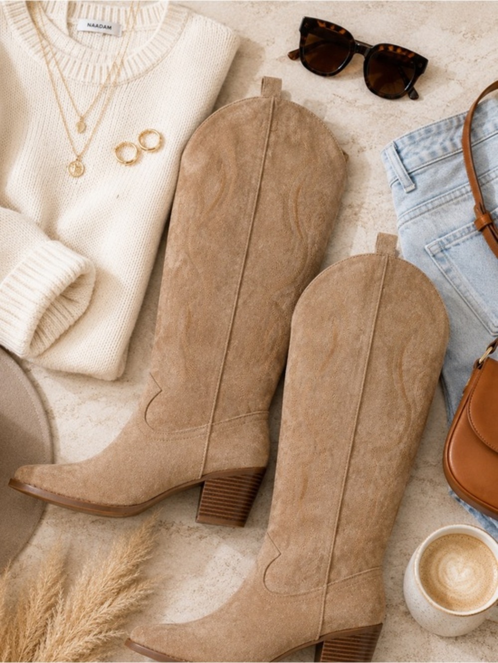 Camel Faux Suede Western Knee High Boots Block Heel Size 10 Boho Pull-On no box